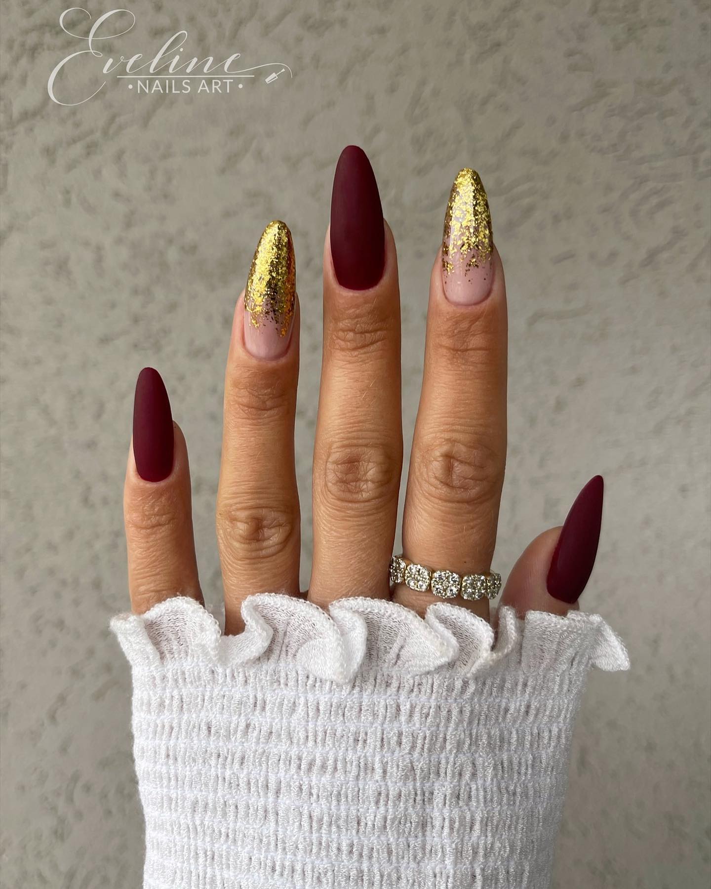 Long Dark Red Nails with Gold Glitter