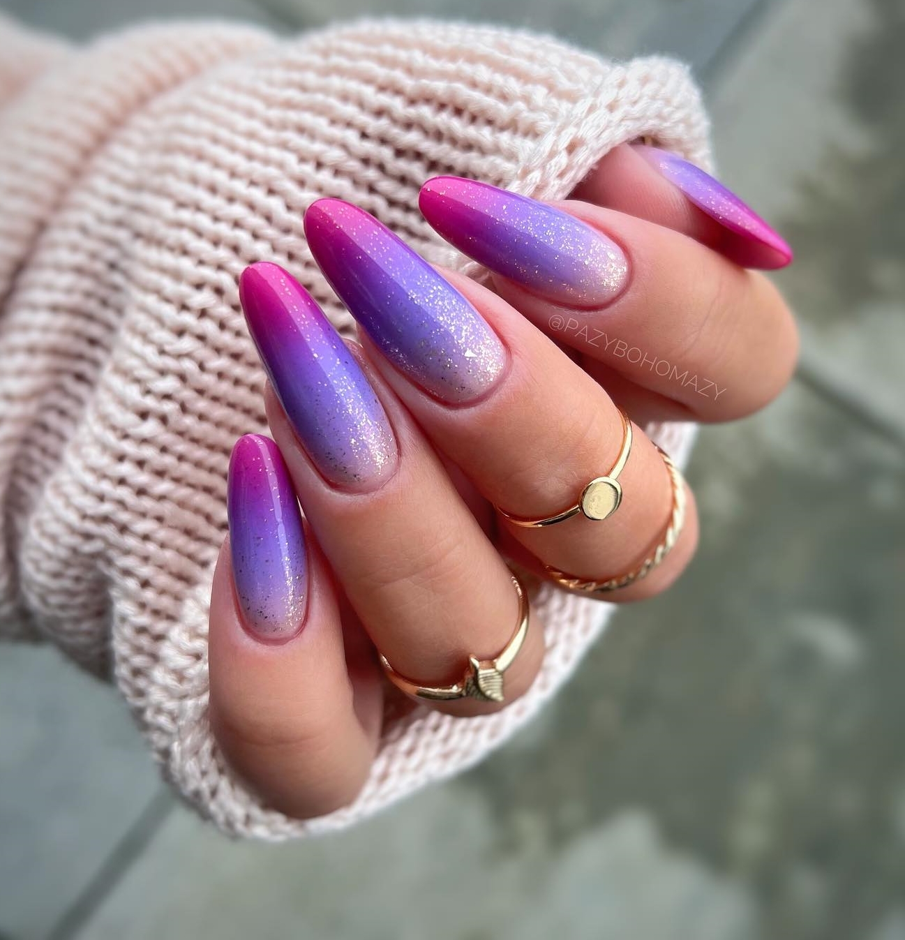 Long Round Blue-to-Pink Galaxy Nails