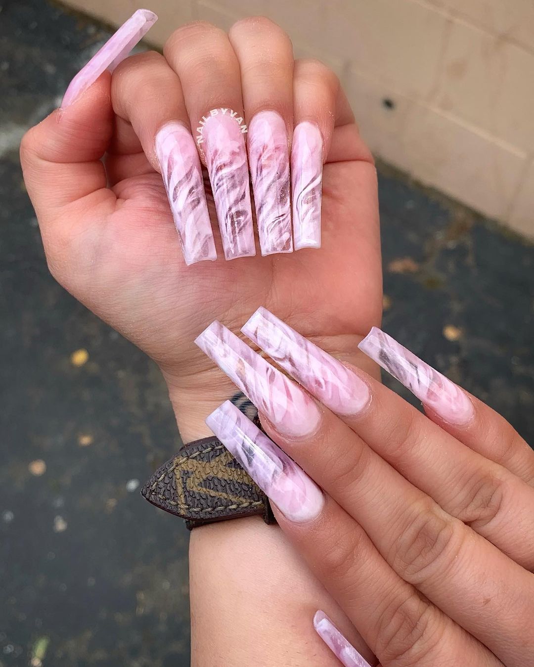 Long Square Clear Nails with Marble Design