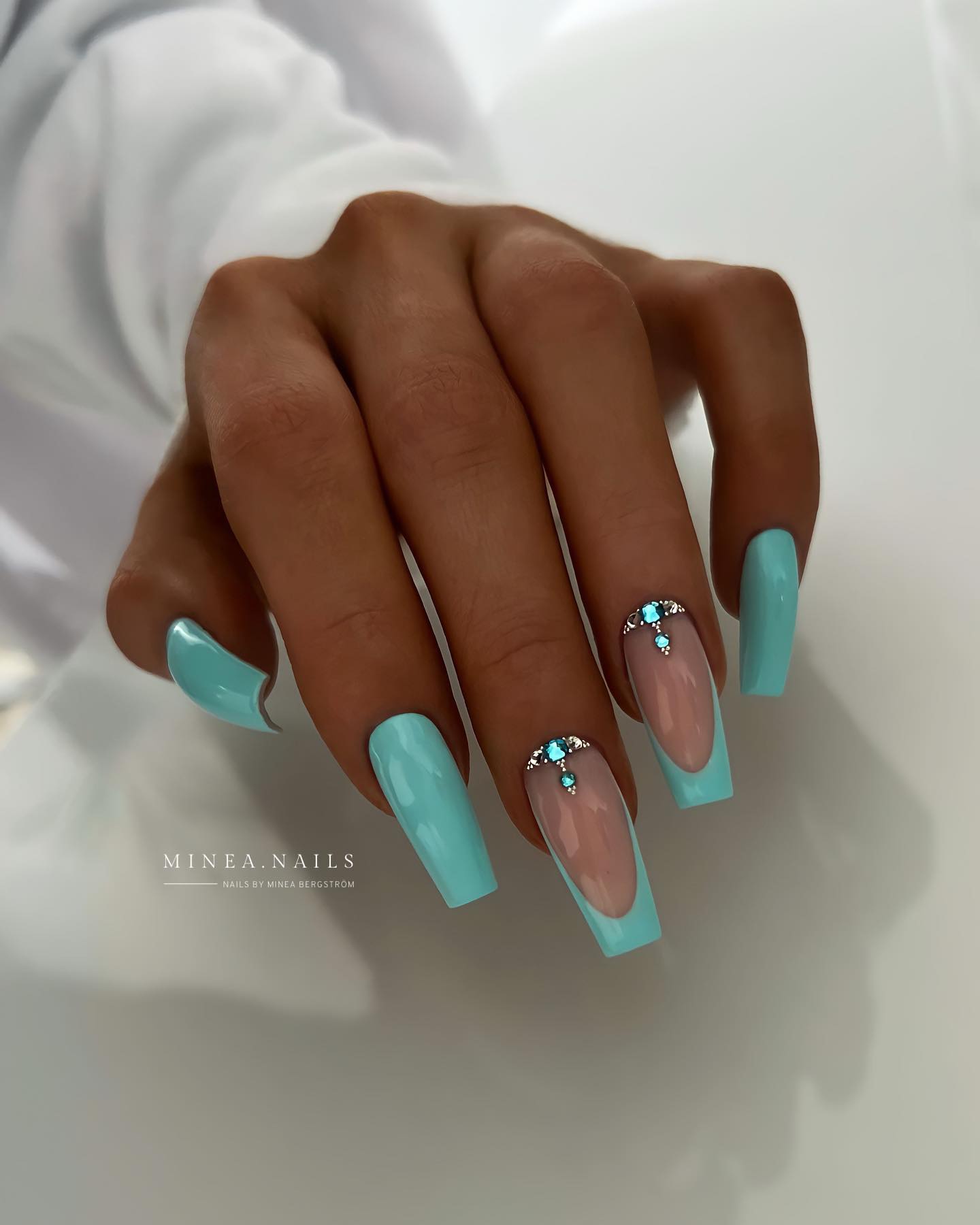 Long Square Mint Green Nails with Rhinestones