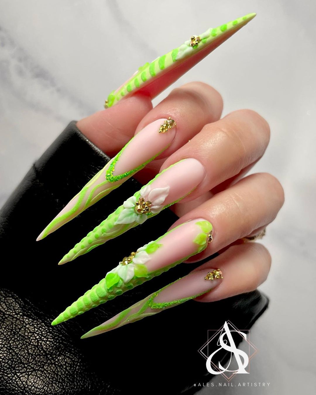 Long Stiletto Nails with Green French Tips