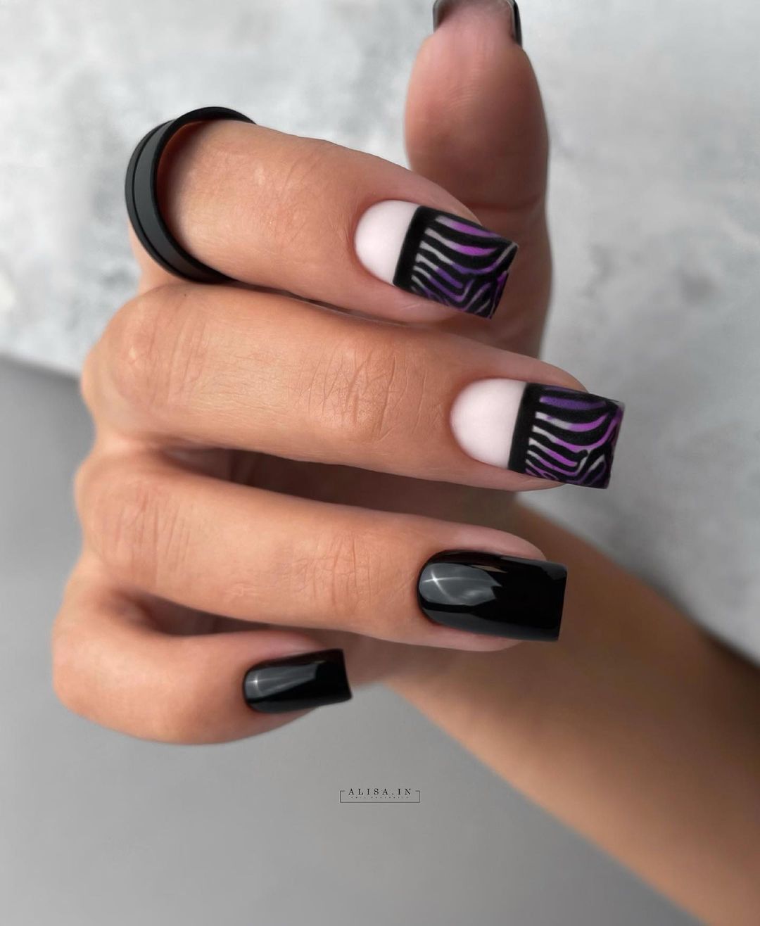 Square Black Nails with Purple Design