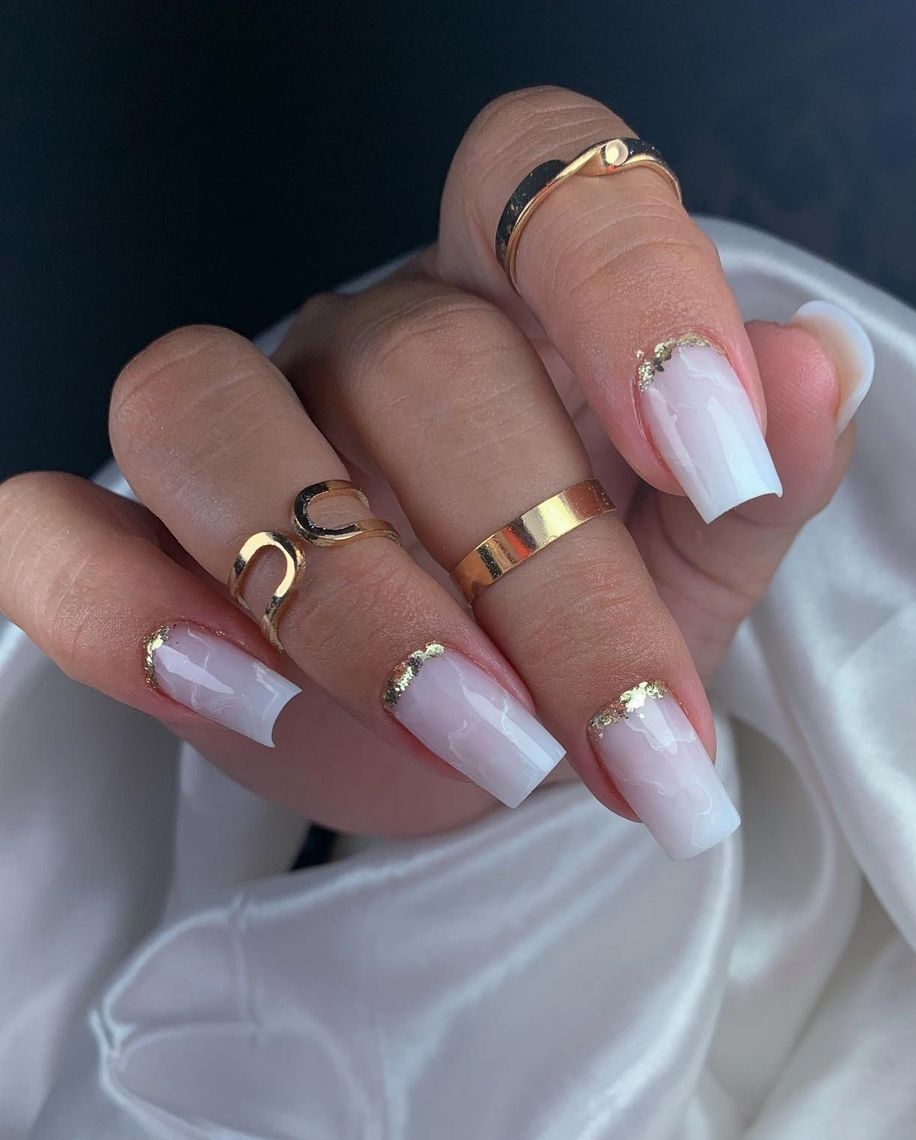 Square Milky White Nails with Gold Glitter