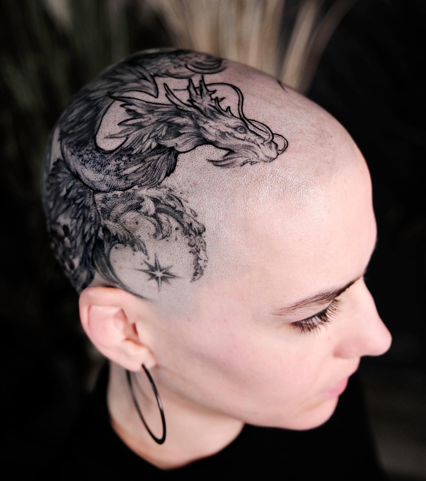 Black Dragon Tattoo on Head for Women