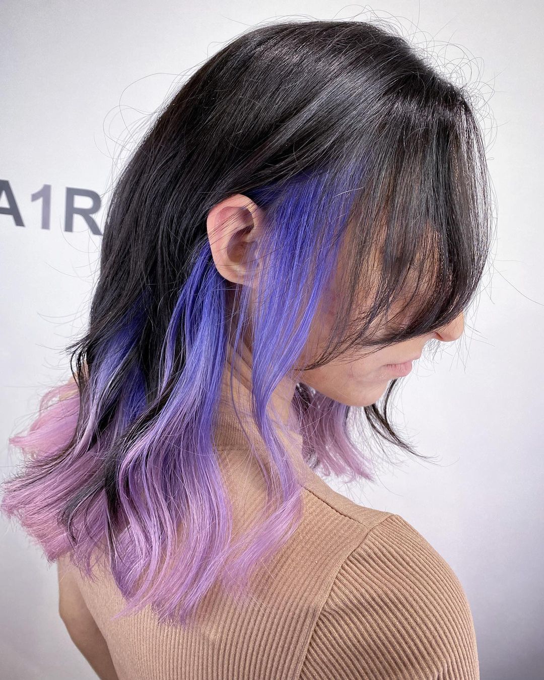 Blue-to-Purple Ombre Peekaboo Highlights on Black Hair