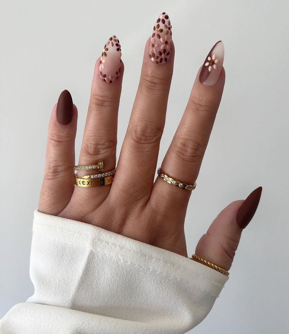  Clear Brown Nails with Flower Design