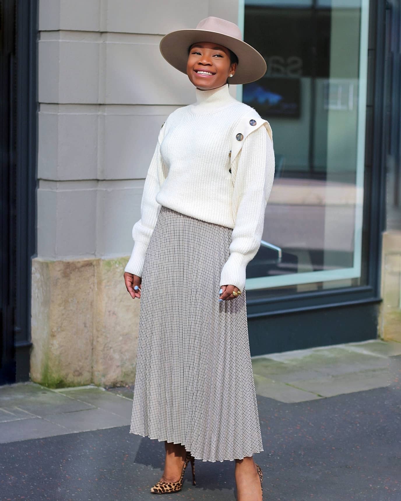 Light Gray Pleated Skirt with White Sweater