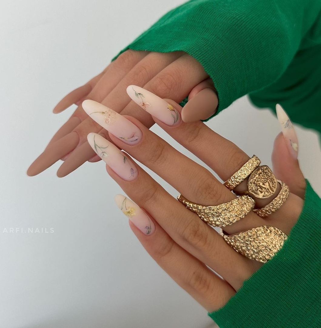 Long Almond Matte Nails with Floral Design
