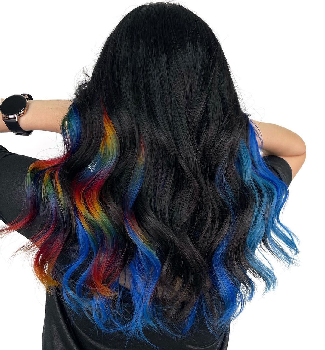 Long Black Hair with Rainbow Highlights