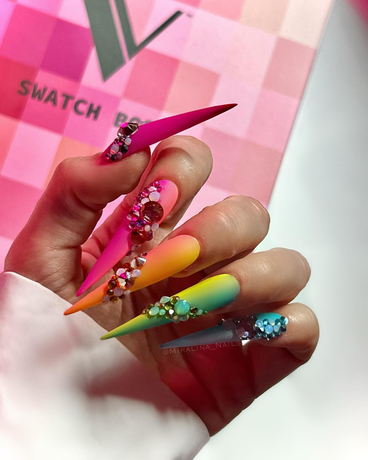 Long Stiletto Nails with Colorful Rhinestones