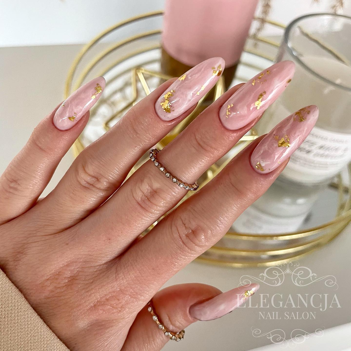 Nude Nails with Gold Foil Marble Design