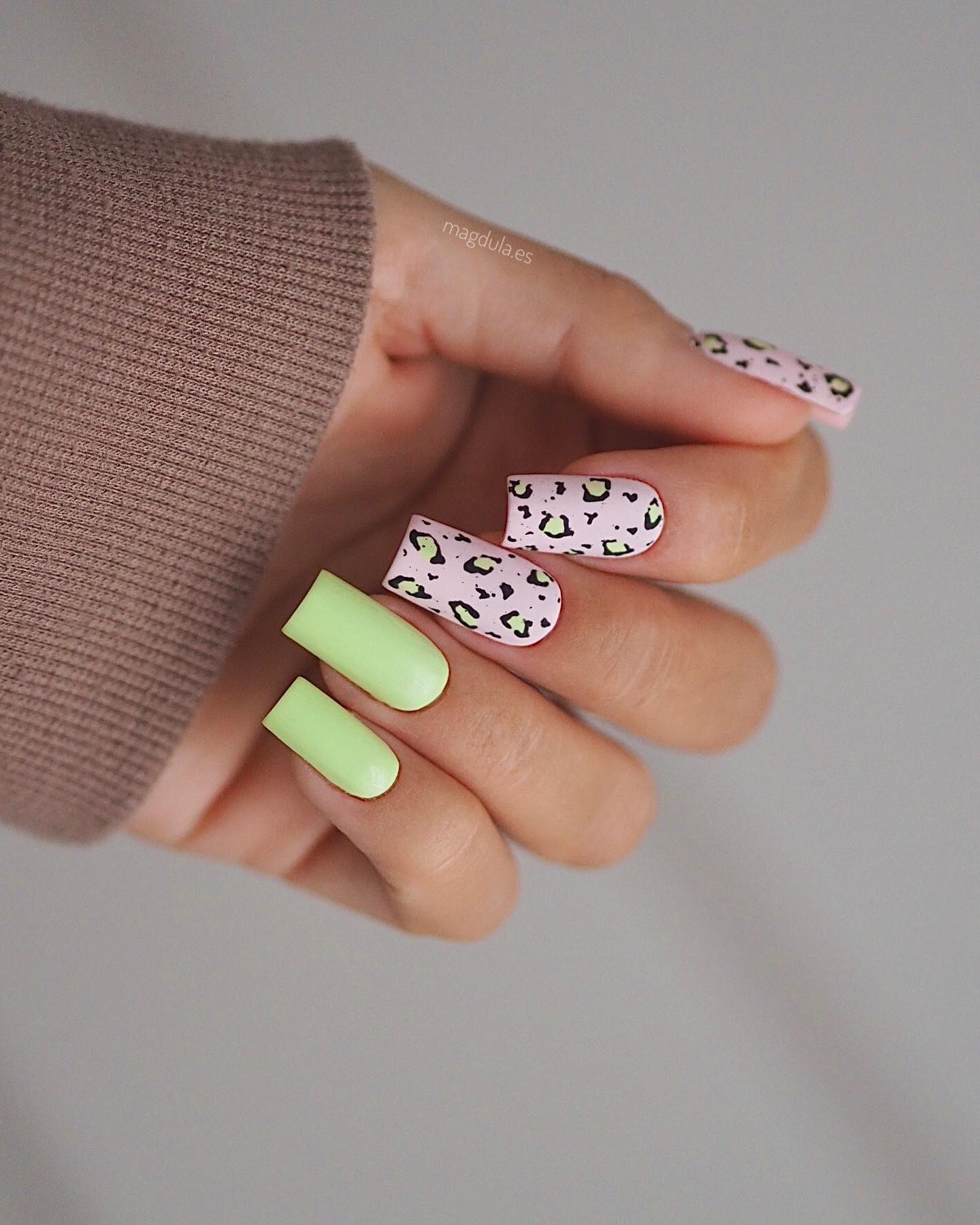Pastel Green Nails with Leopard Design