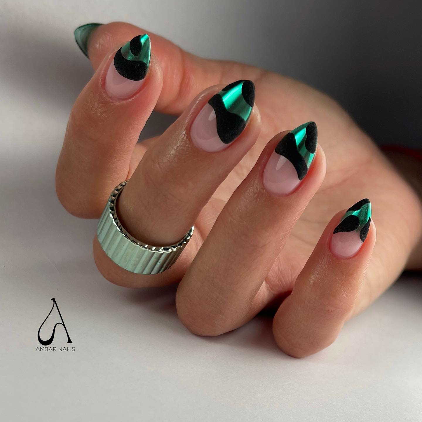 Pointy Clear Nails with Green Chrome Tips