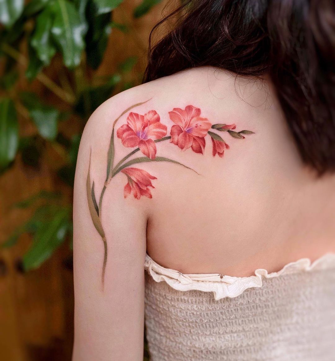 Red Gladiolus Tattoo on Shoulder