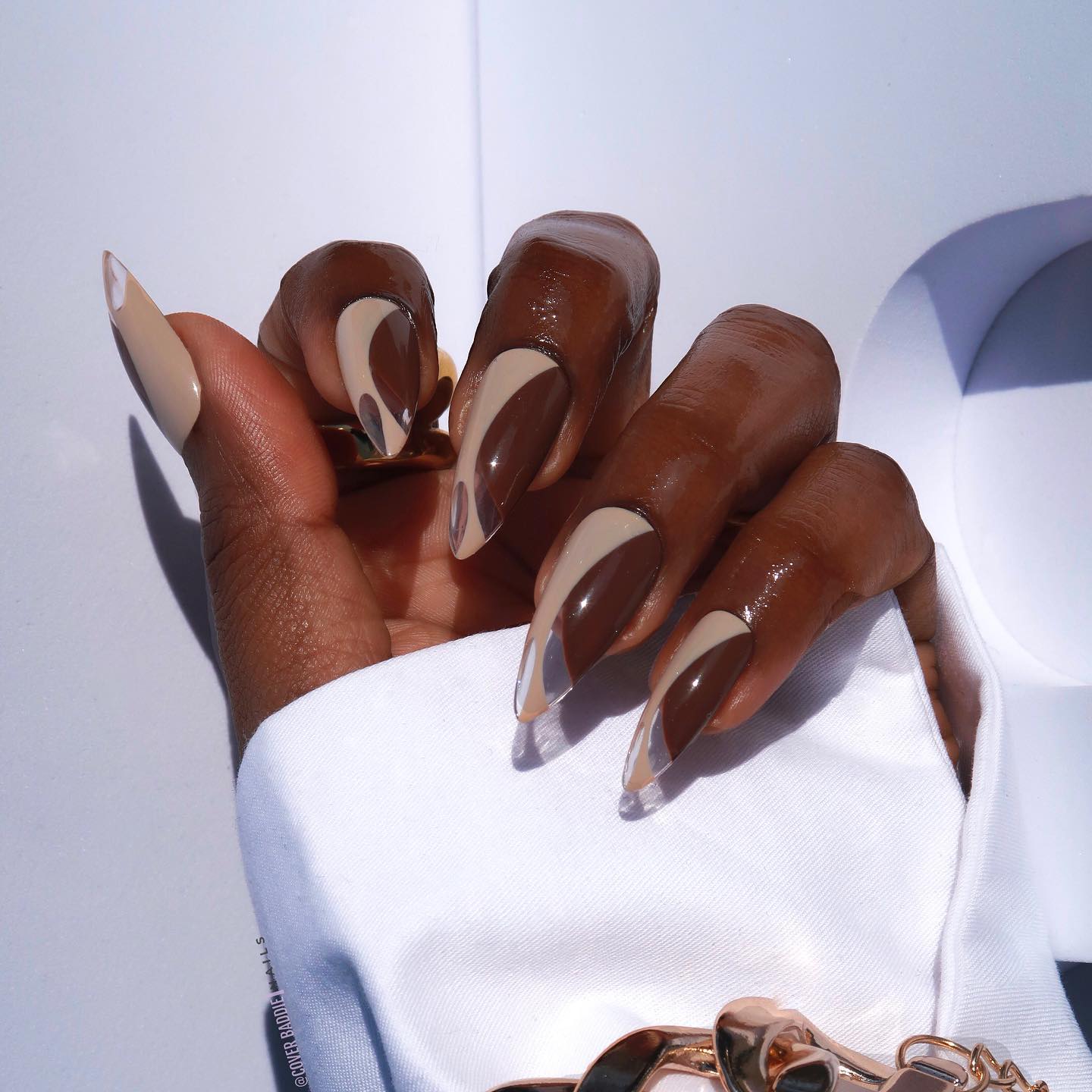 Short Dark Brown Stiletto Nails on Dark Skin