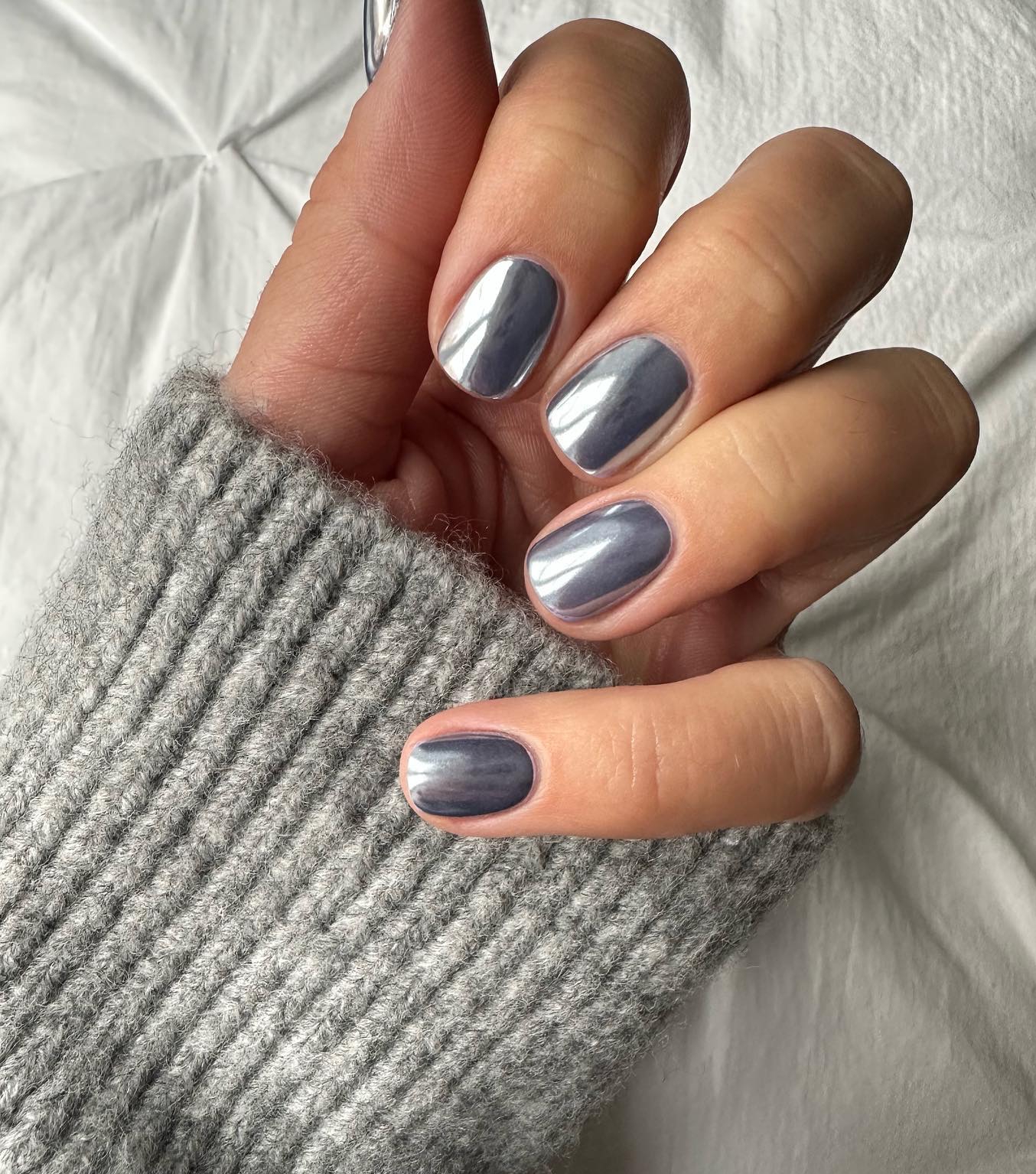 Short Grey Chrome Nails