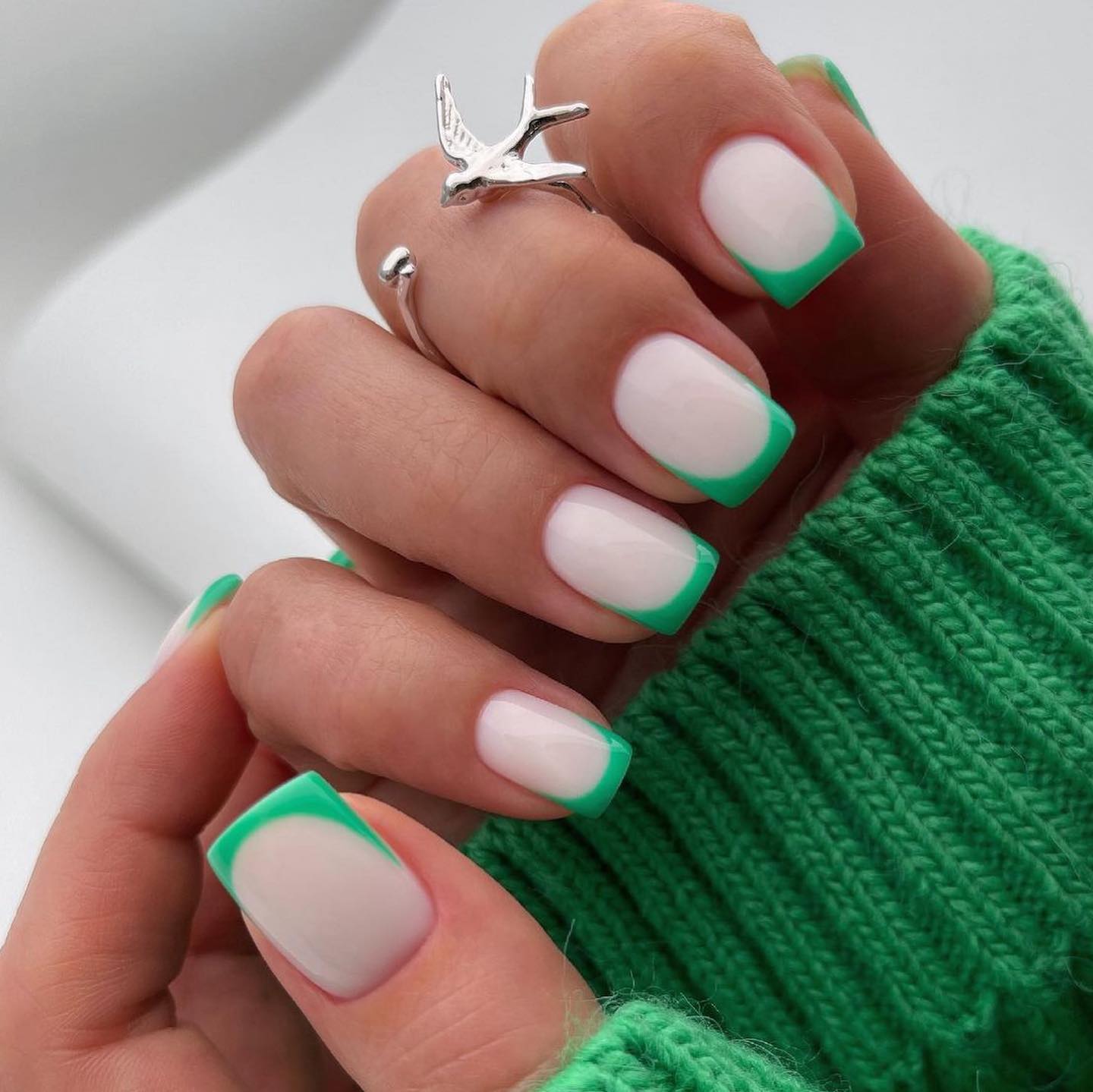 Short White Nails with Green Tips