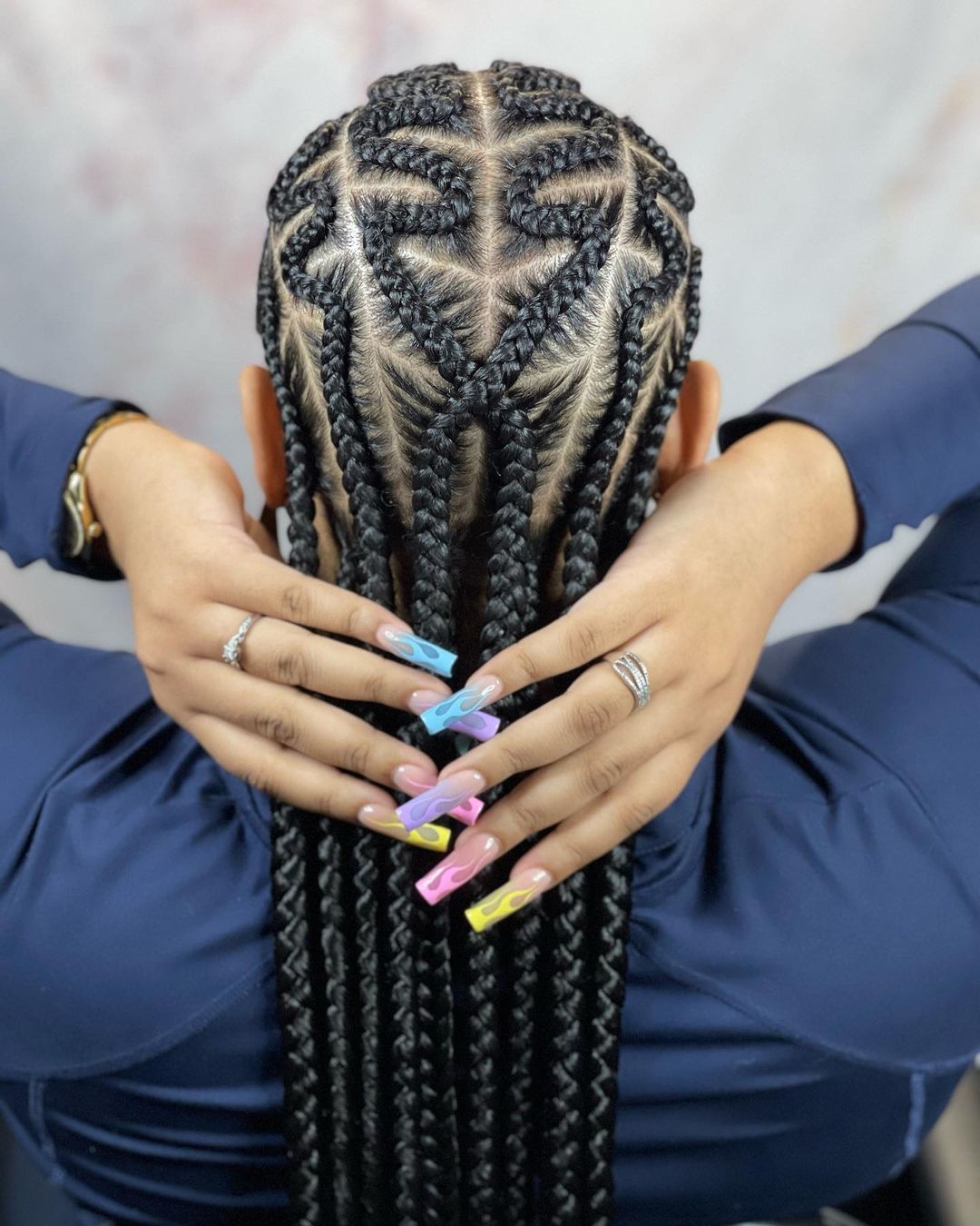 Zigzag Stitch Braids on Long Black Hair