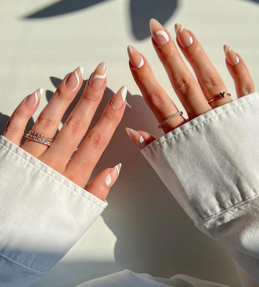 Almond Press on Nails with White Swirls