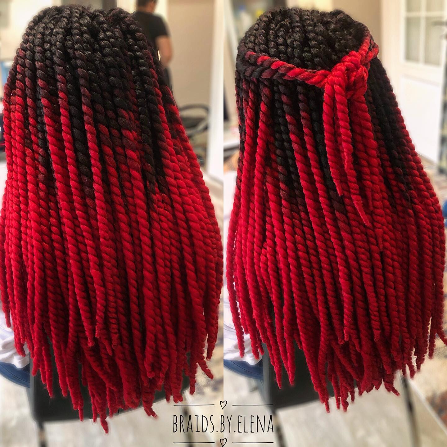 Black to Red Ombre Twist Hairstyle on Long Thick Hair