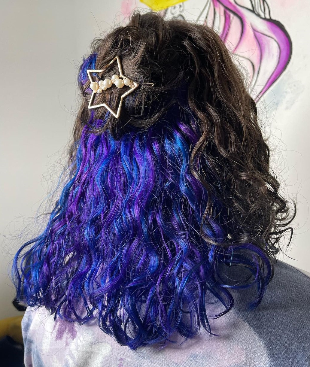 Blue and Purple Peekaboo on Curly Dark Hair