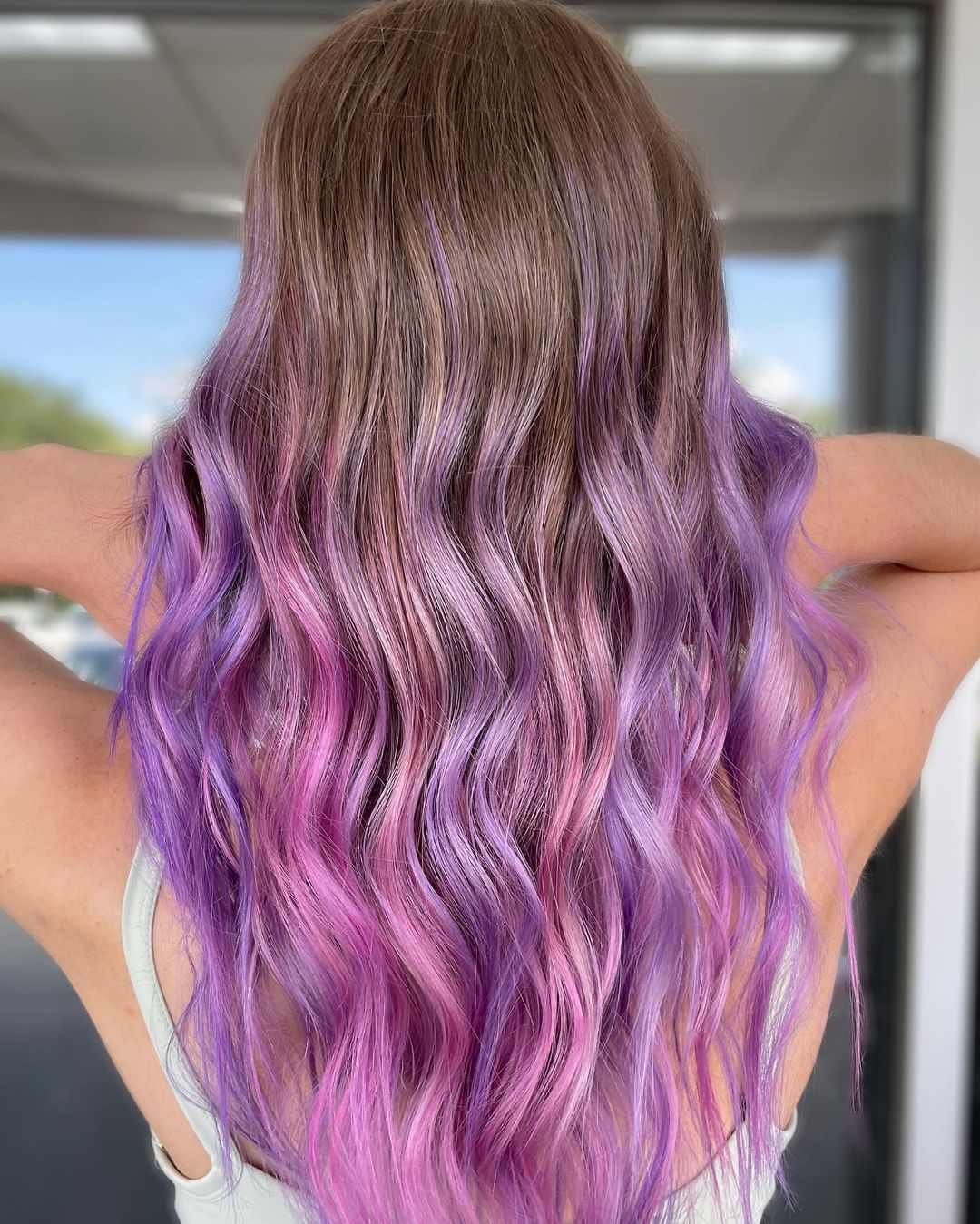  Light Purple and Pink Ombre on Long Light Brown Hair