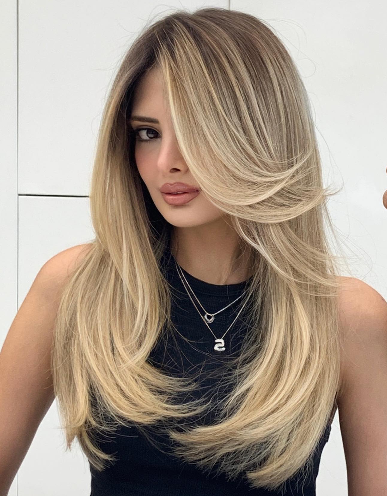 Long Blonde Hairstyle with Layered Bang