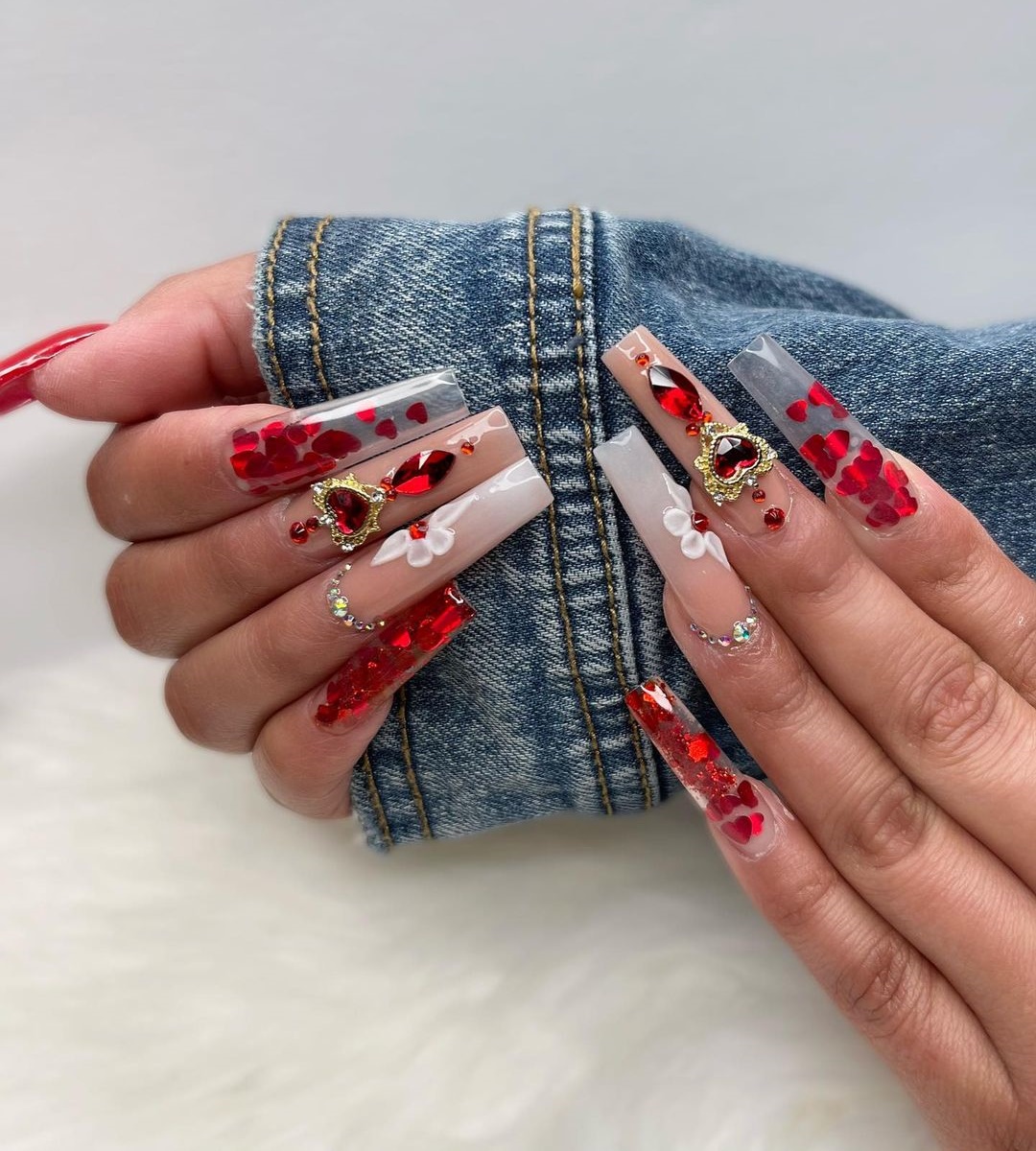 Long Clear Nails with Red Flowers