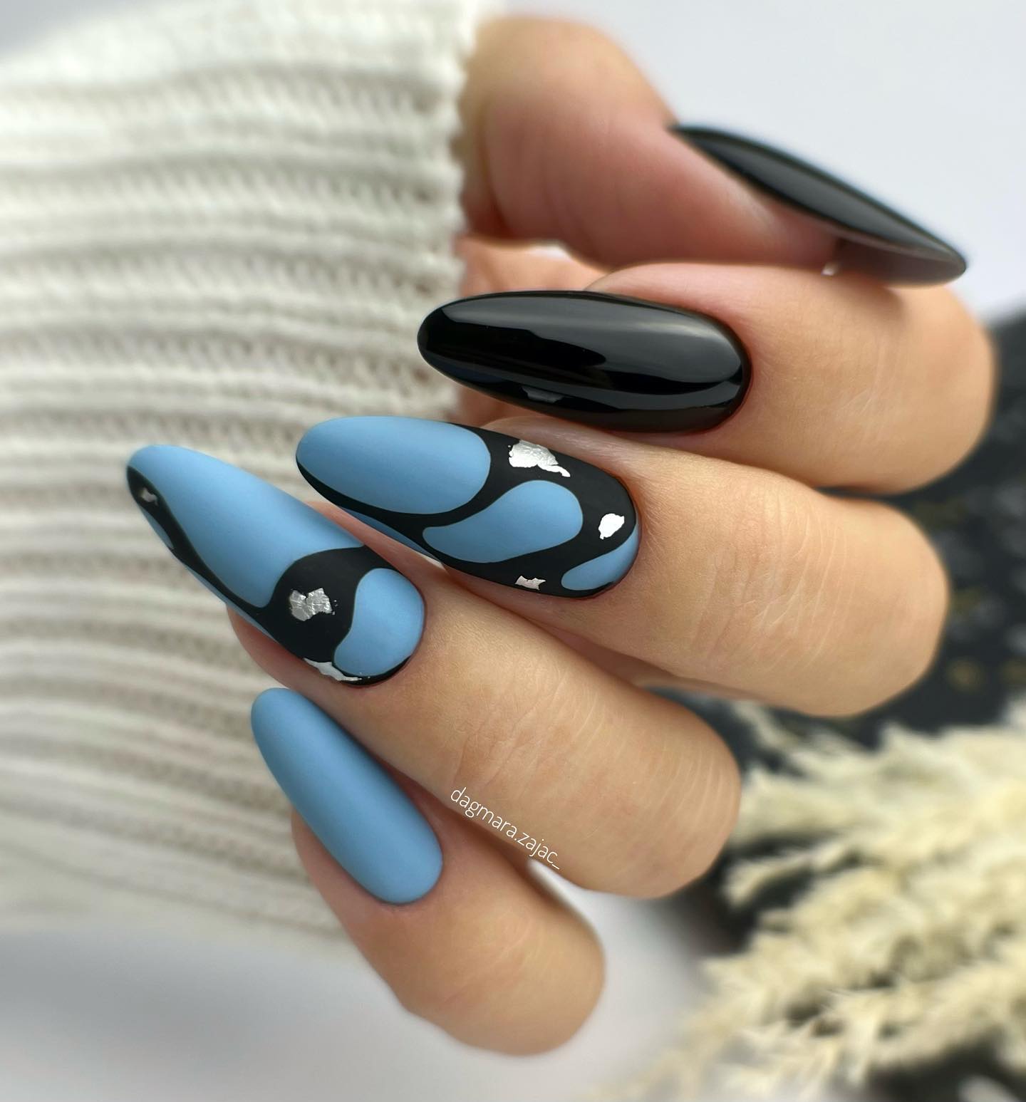 Long Round Blue and Black Nail Combo