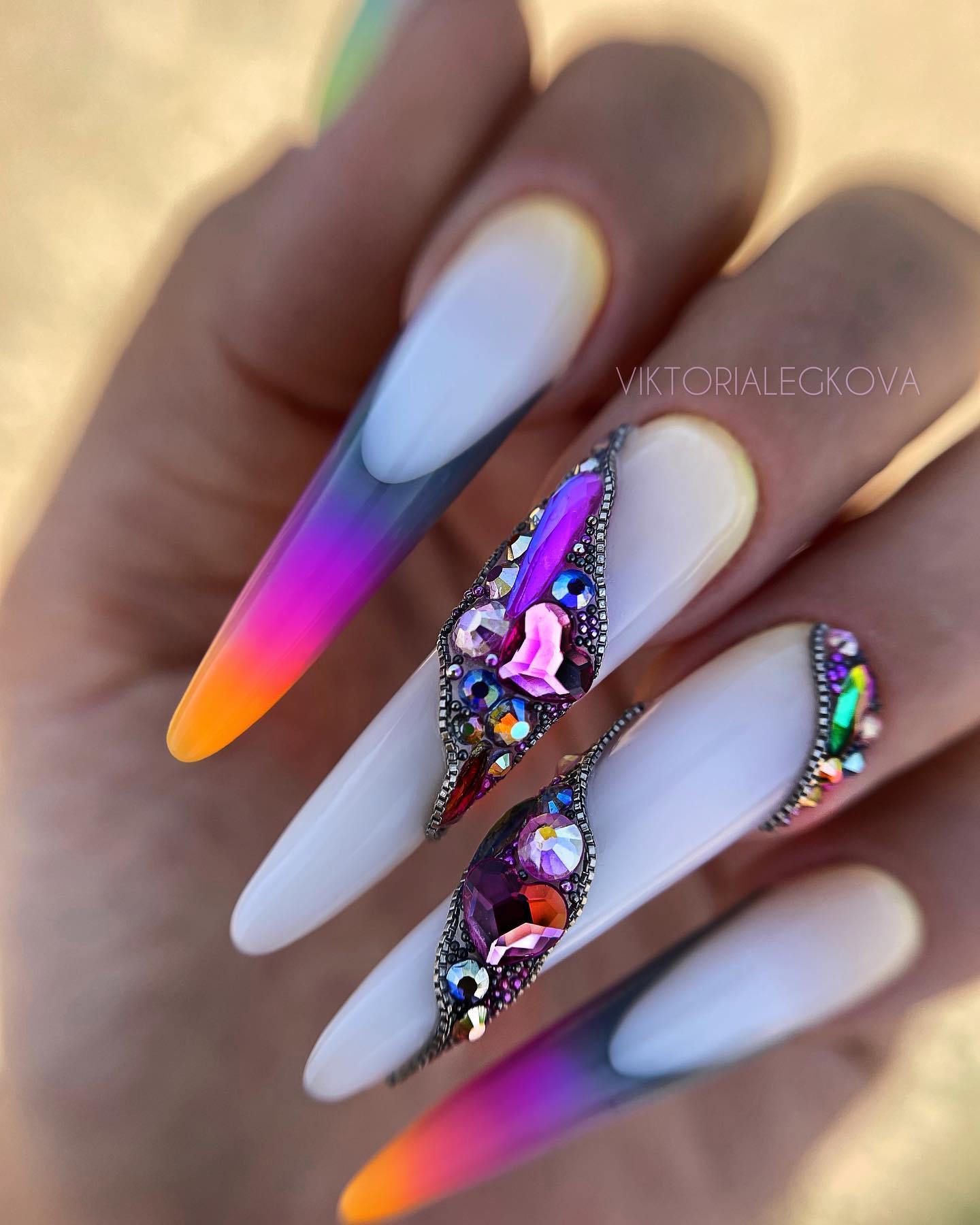 Long Round White Nails with Colorful Rhinestones