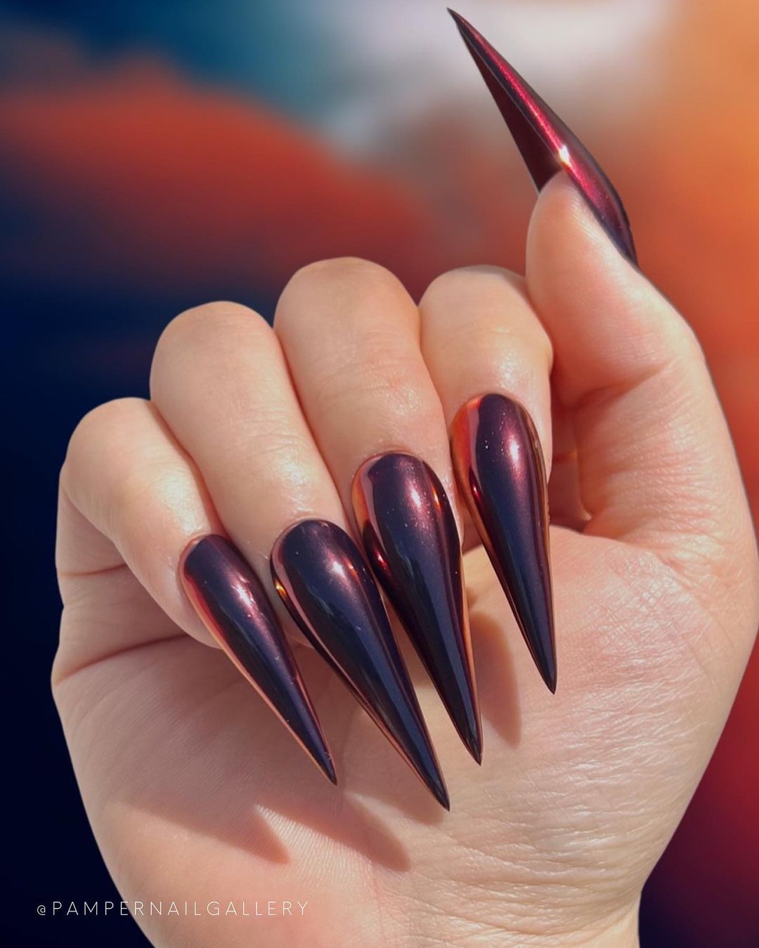 Long Sparkly Burgundy Stiletto Nails