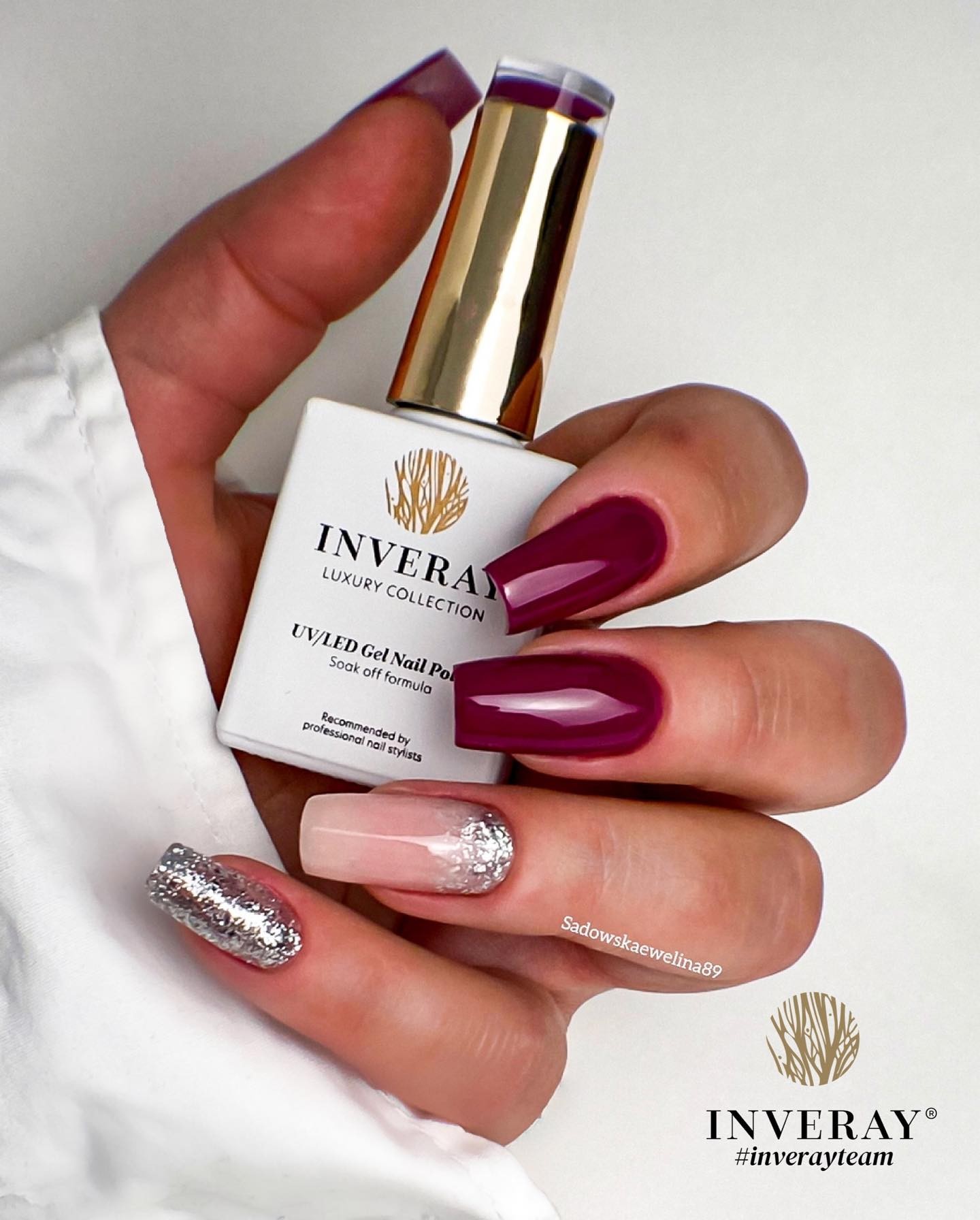 Long Square Burgundy Nails with Silver Polish Design