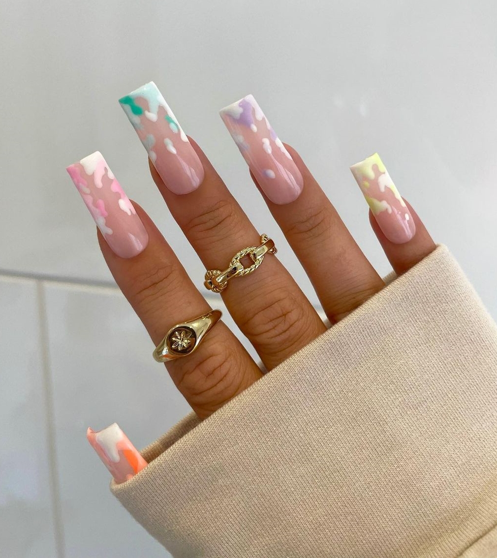 Long Square Nails with Pastel Cow Print Design