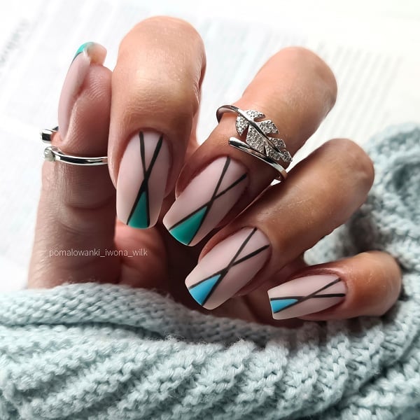 Long Square Nude Matte Nails with Black Geometric Lines