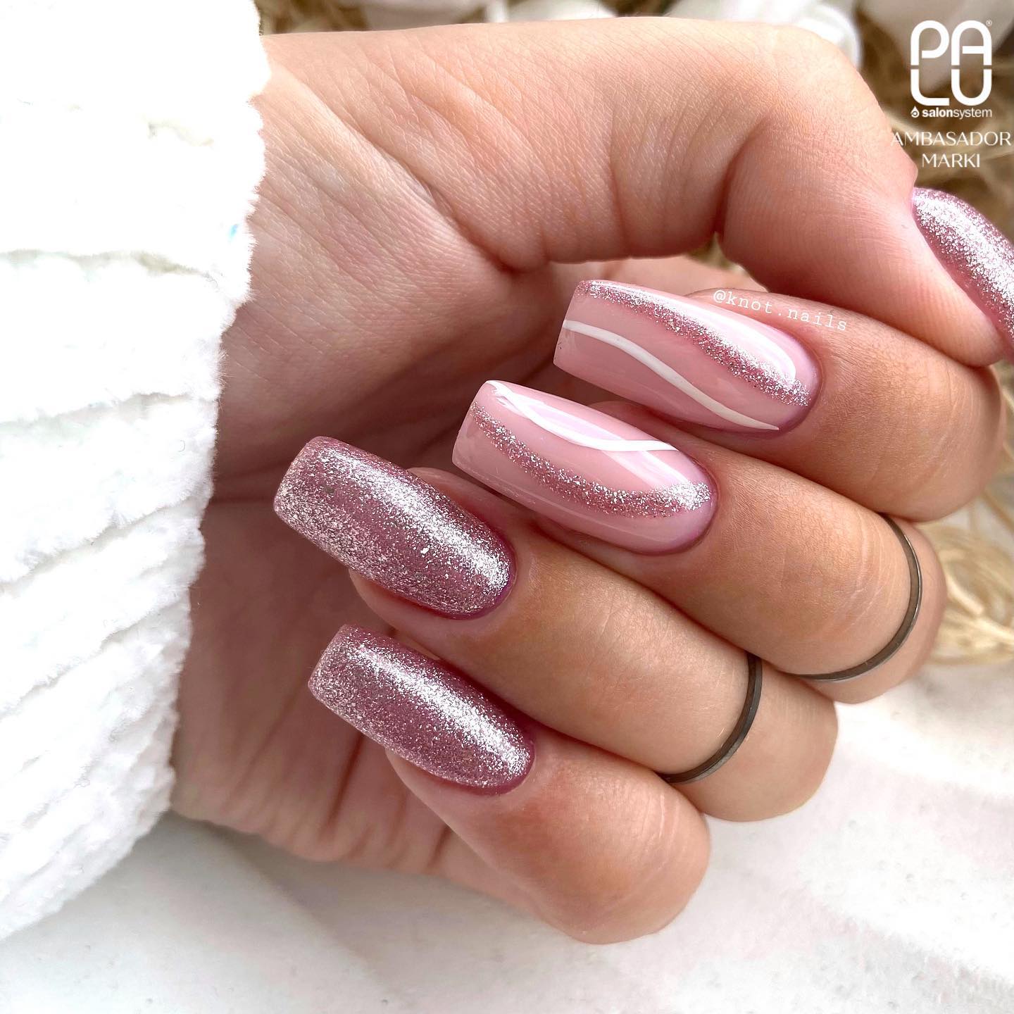 Long Square Pink Gel Nails with Pink Glitter and White Lines