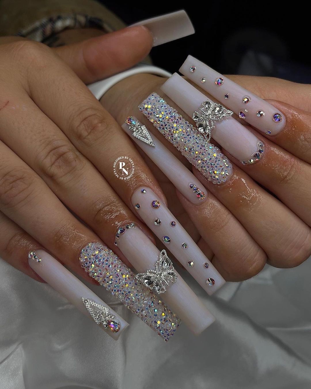 Long Square White Nails with Diamonds and 3D Butterflies