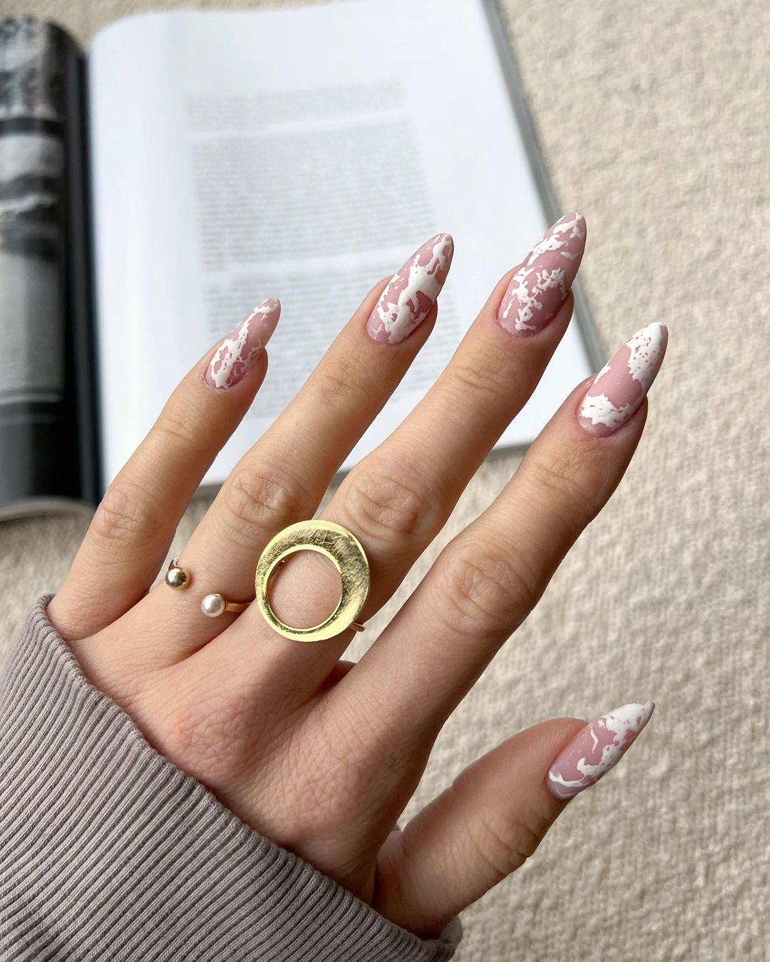 Matte Nude and White Marble Nails