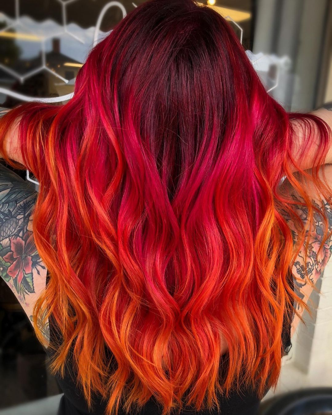 Red Galaxy Colors on Long Wavy Hair