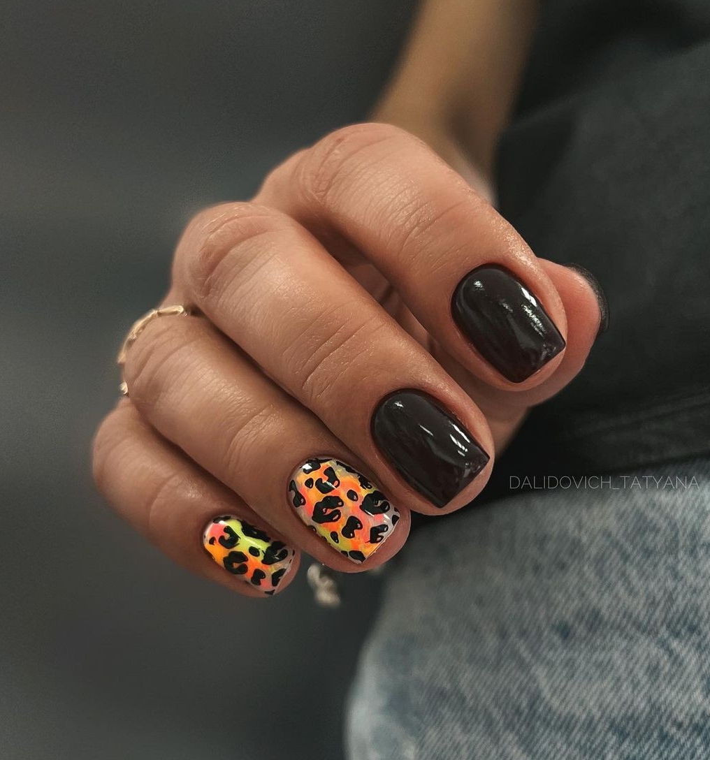 Short Black Nails with Leopard Design