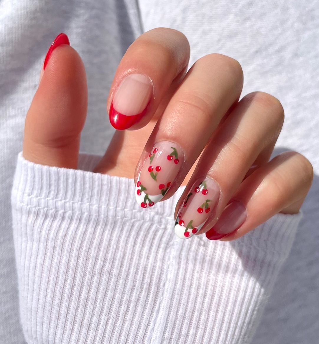Short French Manicure with Cherry Design