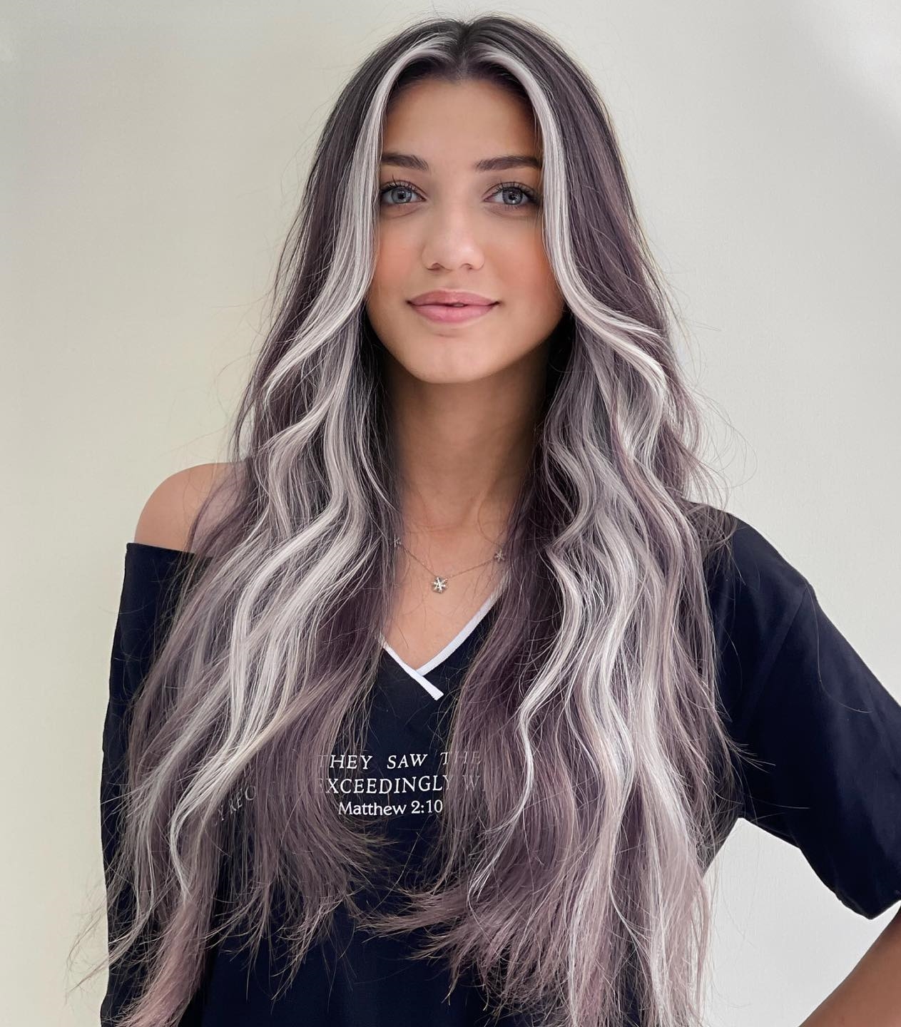 Silver Money Piece Highlights on Long Dark Wavy Hair