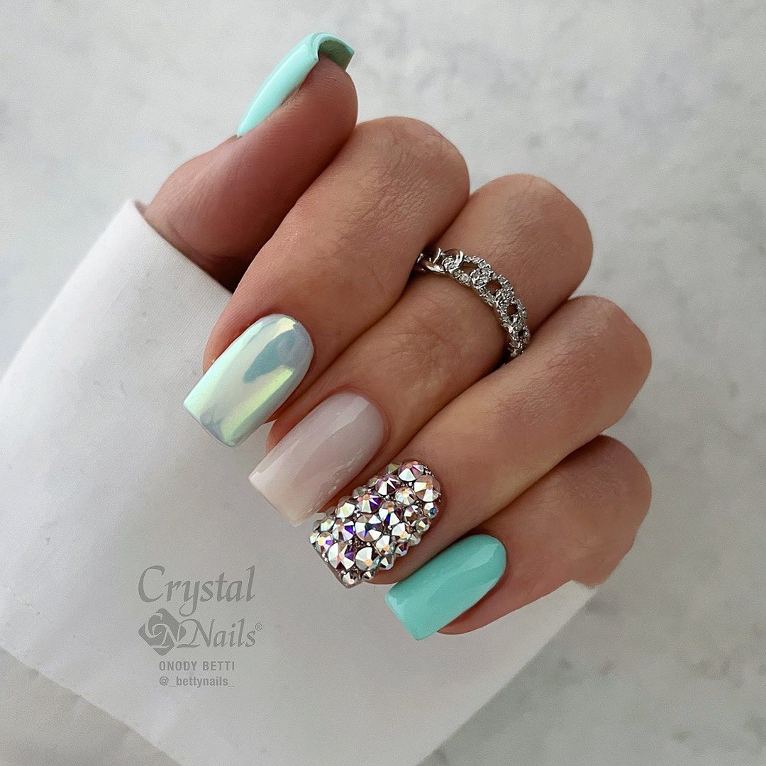 Square Light Green Nails with Diamonds on Accent Nail