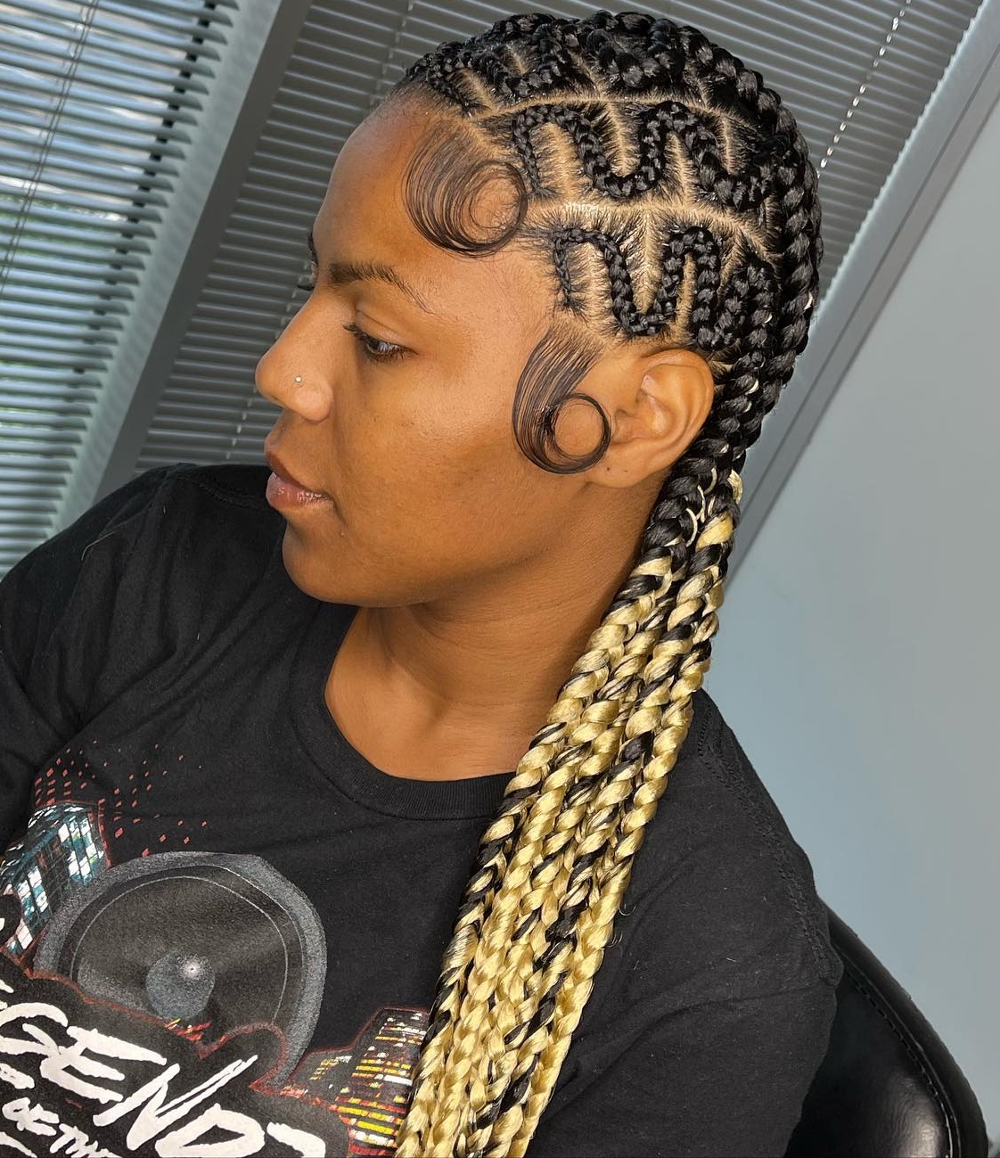 Zigzag Stitch Braids on Long Black Hair with Blond Highlights