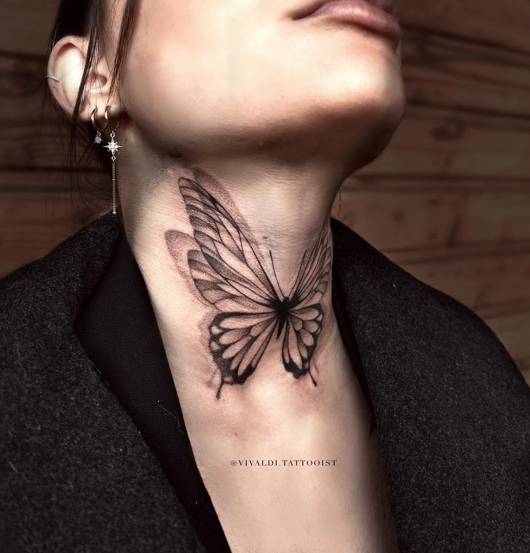 Big Black Butterfly Tattoo on Neck
