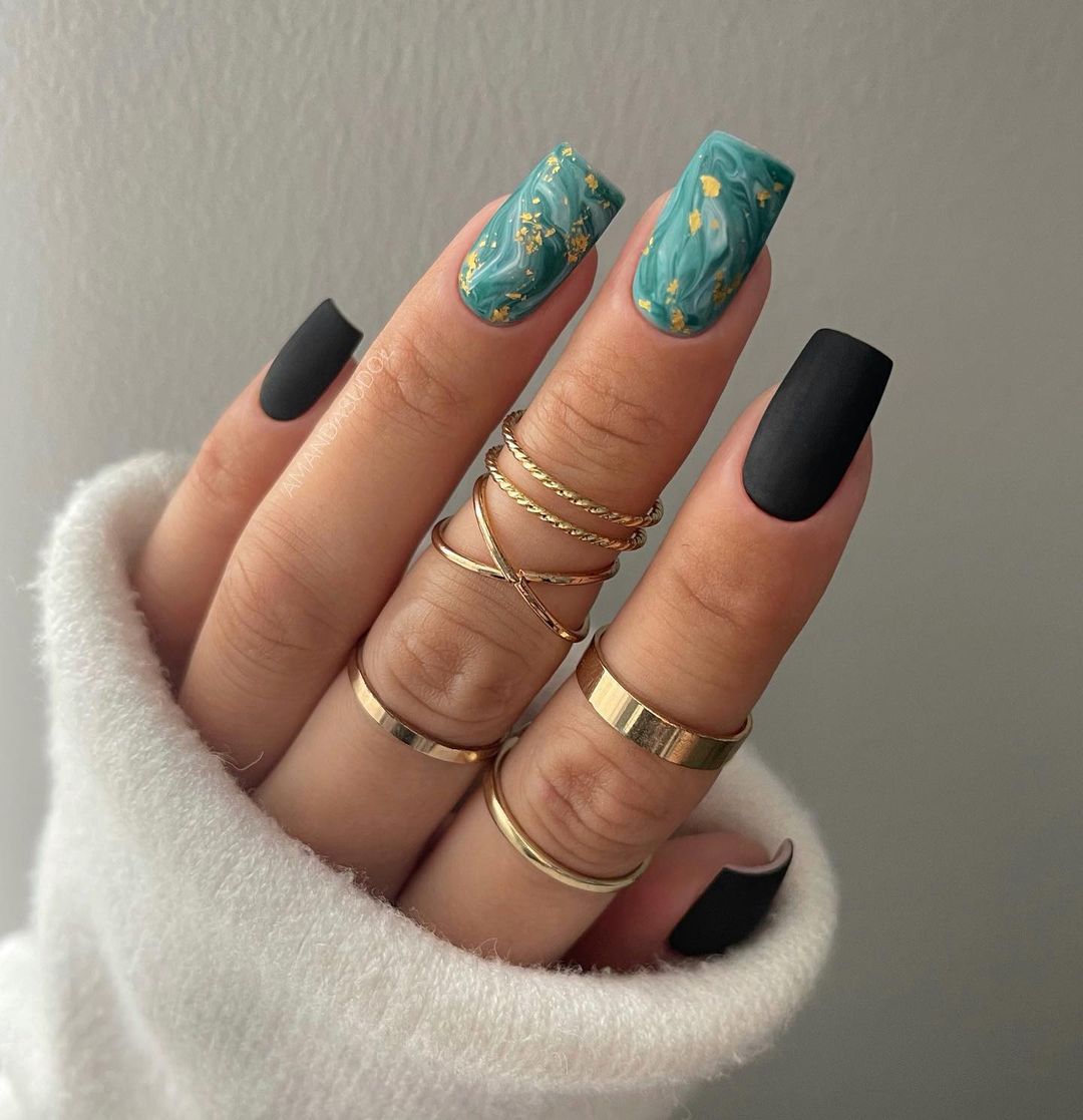 Black and Green Matte Nail Design