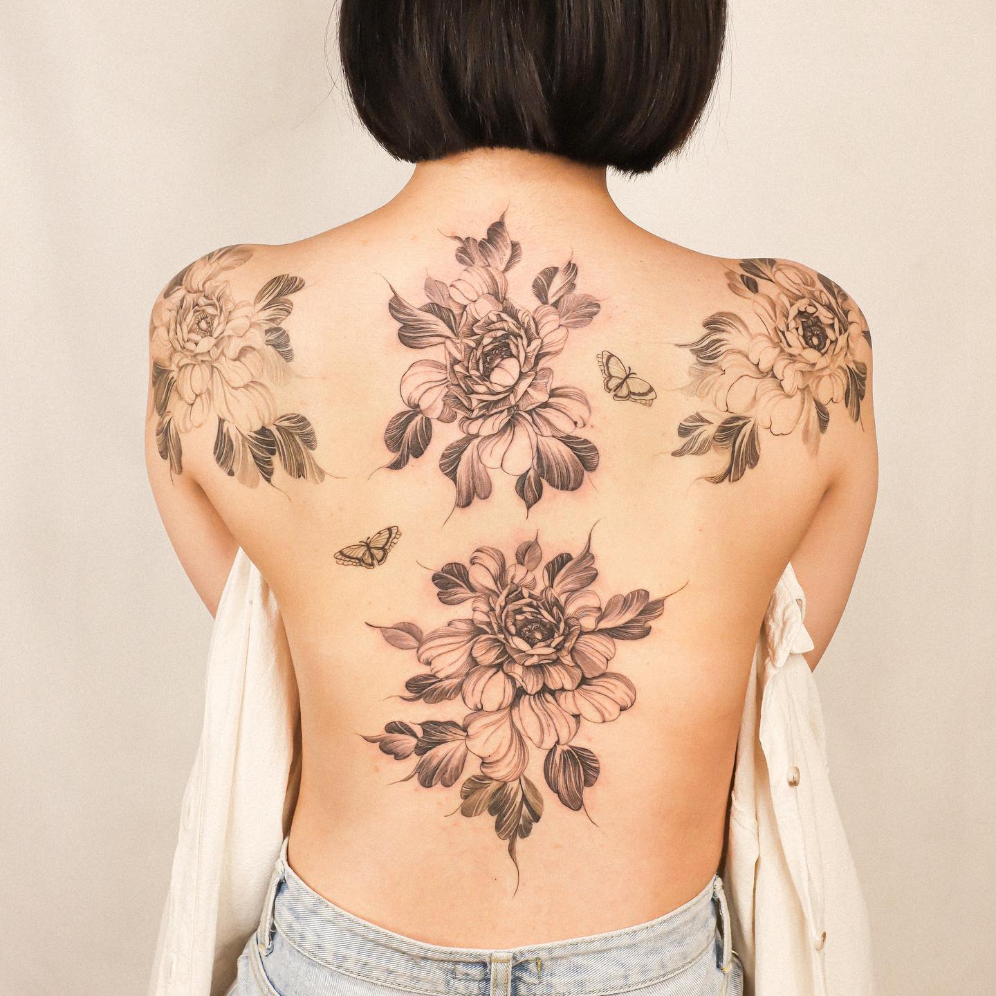Black and White Peony Flower Tattoo on Back
