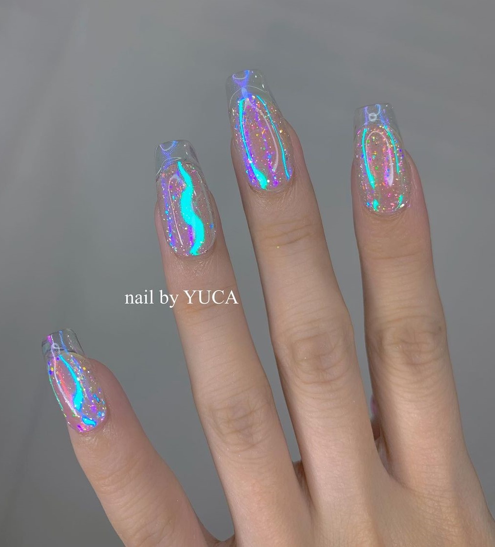 Clear Blue Nails with Glitter