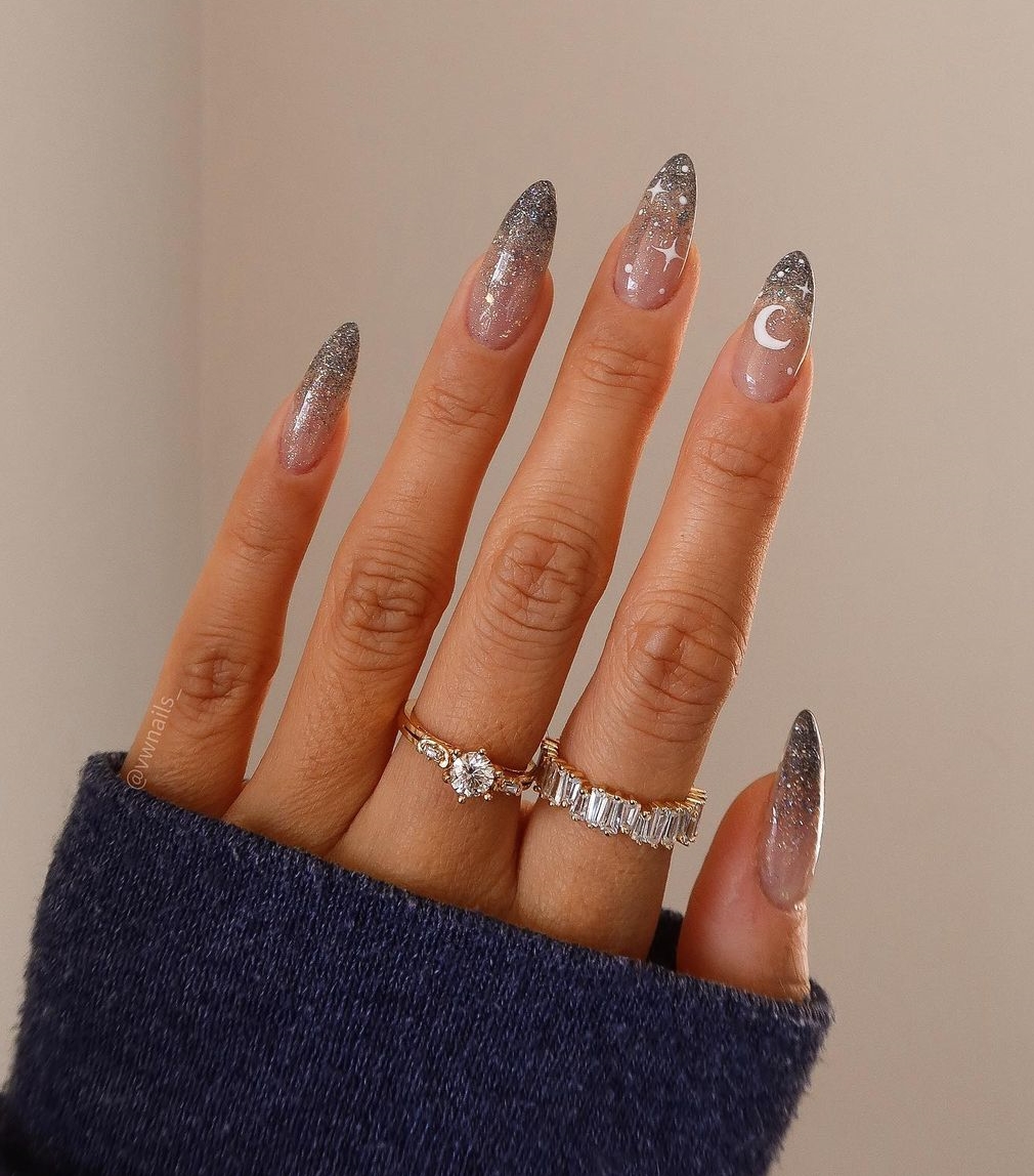 Clear Nails with Gray Glitter Tips