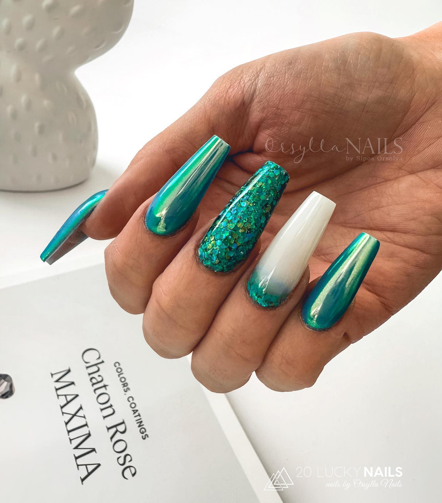 Coffin Green Chrome Nails