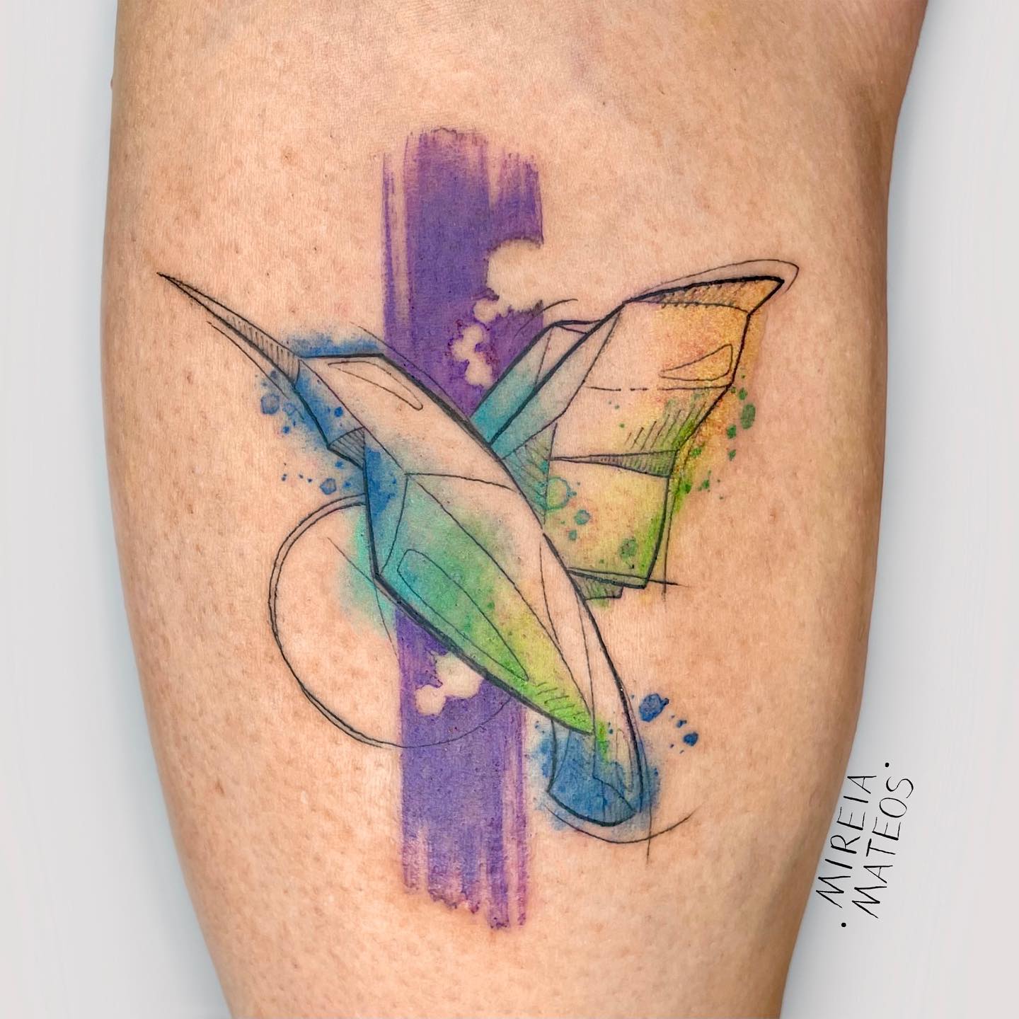 Colorful Origami Hummingbird Tattoo on Leg